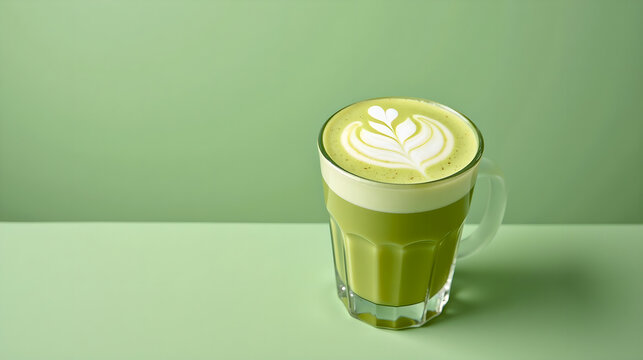 Green matcha latte in clear glass with leaf art
