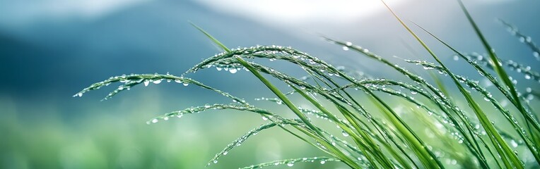 Dew Drops on Grass Blades with Mountain Background