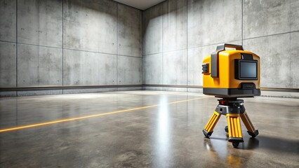 Yellow laser level device on tripod in empty industrial room with glowing line