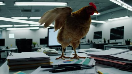 Hen standing on documents in empty office - Powered by Adobe