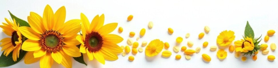 Obraz premium Bright yellow sunflowers & seeds, isolated on white , nature, garden