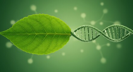 Fototapeta premium Green Leaf and DNA Double Helix on Green Background
