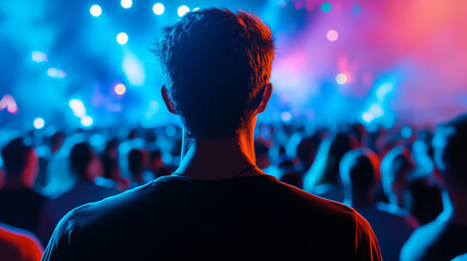 Under a nebula of neon haze, a Caucasian man's silhouette emerges at a cosmic music festival, embracing Synesthesia Day