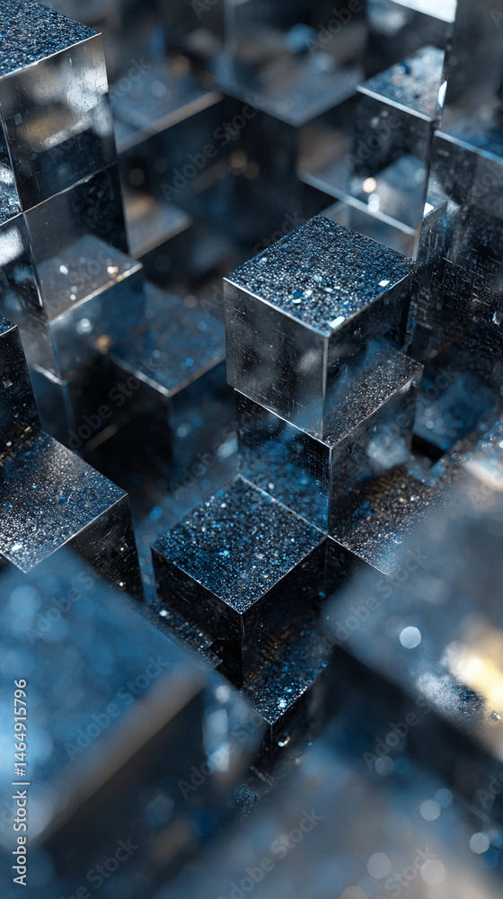 Poster close-up of dark blue glass cubes, textured surface, creating a dense and reflective structure, show