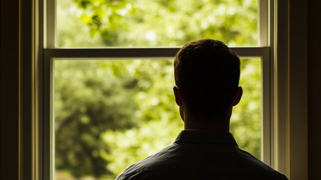Silhouette of contemplative man by window, pondering change, introspective Wednesday evening, embracing World Philosophy Day solace, serene