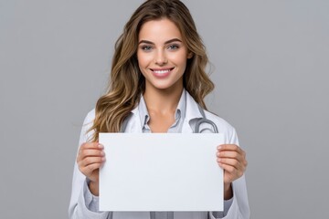Naklejka premium Smiling Doctor Holding Blank Sign: Professional Healthcare Image