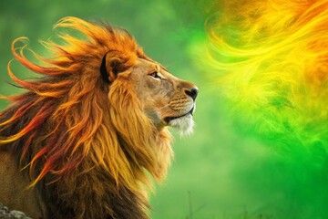 Naklejka premium The lion's dreadlocks flowed like fiery rivers, as he posed against a backdrop of bright green and yellow - generated by ai