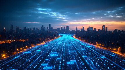 Abstract road illuminated by blue light trails representing speed and digitization against a twilight urban backdrop