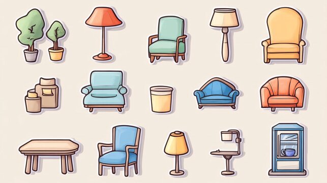 Cartoon sticker set of household items including lamps, cups, and chairs, drawn with basic colors and low-resolution effects 