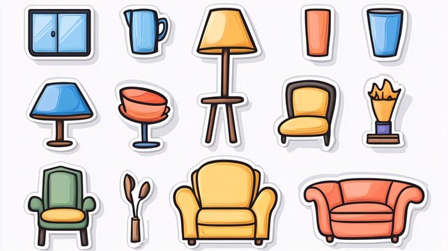 Cartoon sticker set of household items including lamps, cups, and chairs, drawn with basic colors and low-resolution effects 