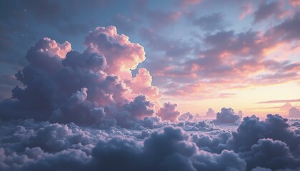 Ethereal silver and gold cirrus clouds swirl in a twilight sky of lavender, rose, and blue.