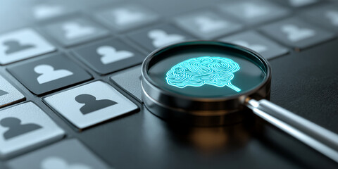Magnifying glass shows glowing brain image over profile icons, symbolizing talent acquisition, recruitment, or headhunting process