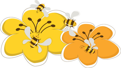 Cartoon Bees with Yellow Flowers Illustration. Bees vector illustration.