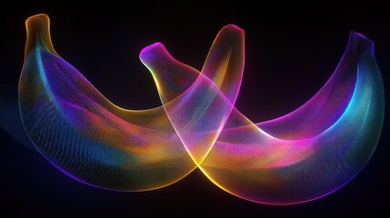 Fototapeta premium Glowing neon bananas intertwined, dark background, abstract art, food design