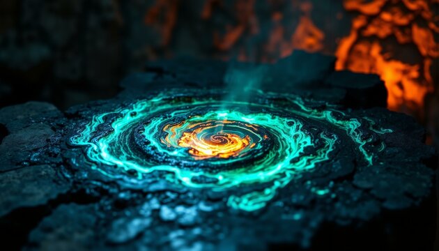 Glowing metal alloy cools in a stone forge, displaying swirling colors and complex fractal patterns.