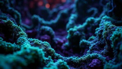 Obraz premium Bioluminescent moss intertwines with circuits in a dark lab, glowing teal against obsidian rock.