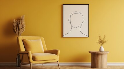 Yellow room interior design, line art portrait, minimalist decor, side table, armchair