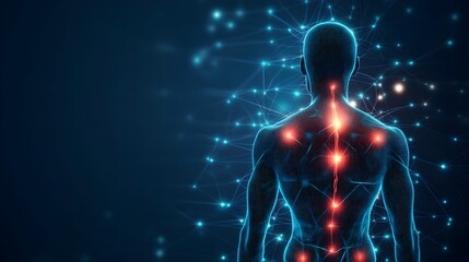 Human body with glowing red pain points on neural pathways illustrating pain or nerve stimulation,