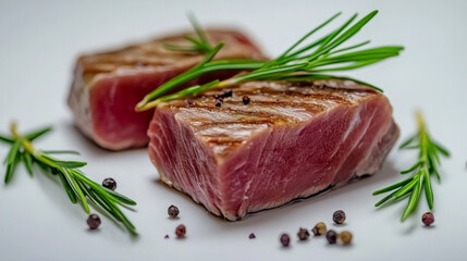 Fototapeta premium **Seared ahi tuna with rosemary sprigs, savor fusion fish artistry, ideal for Lunar New Year or Bastille Day feasts**