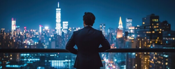 Fototapeta na wymiar Man Looking at City at Night