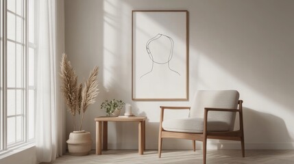 Minimalist line art portrait in bright living room
