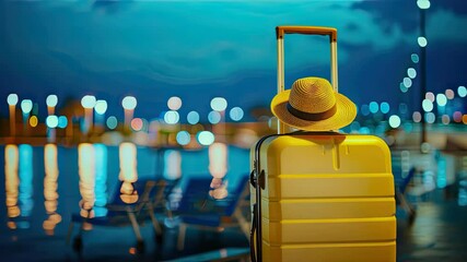 Travel adventure awaits at the harbor with a vibrant yellow suitcase and sun hat against a sparkling evening backdrop