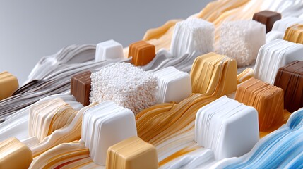 Fototapeta premium Abstract Candy Cubes on Swirling Creamy Background Delicious Sweet Treat Concept