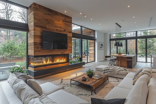 Modern open-concept apartment with industrial fireplace, glass and steel elements, black wood paneling, and green accents