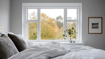 A serene bedroom scene with a large window view.