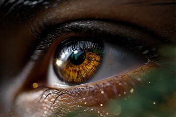Close-up of a human eye with brown iris, gold and green flecks, surrounded by dark eyelashes and textured skin