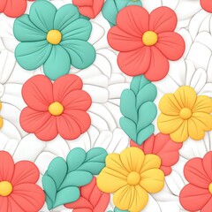Cute and Cozy Knitted Texture Seamless Pattern Vibrant floral pattern featuring colorful flowers and leaves on a white background.