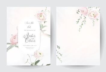Dusty pink and white flowers vector round frames. Blush pink ranunculus, eucalyptus. Wedding spring floral. Pastel watercolor marbled background with round arch. All elements are isolated and editable