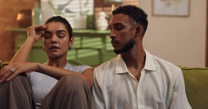 Frustrated couple, ignore or sofa with fight for toxic relationship, argument or disagreement at home. Man, woman or upset with stress for cheating affair, confession or mistake on couch at house