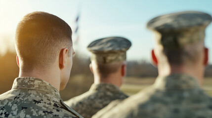 A trio of soldiers gaze at a golden horizon, honoring Veterans Day, embodying unity, resilience, and camaraderie