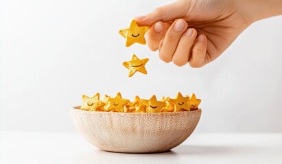 Hand adding star-shaped cookies to a bowl