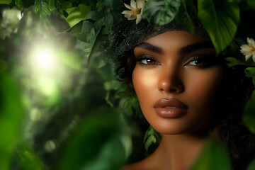 Woman with radiant skin framed by lush green leaves and delicate white flowers bathed in soft ethereal light.