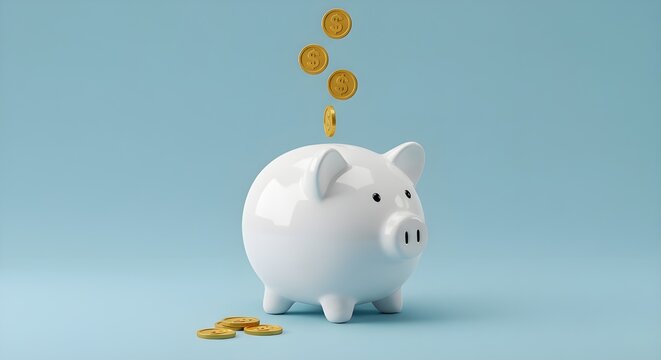Monedas que caen al cerdito blanco ahorrando, concepto financiero y de dep&oacute;sito de dinero.