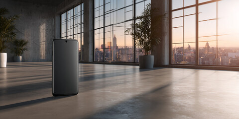 Black cellphone mockup on concrete floor, large window showcasing city skyline at sunset, minimalist interior design, showcasing product presentation