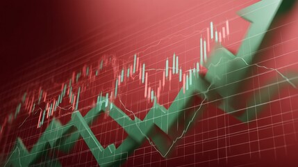 This digital illustration depicts a vibrant stock market scene featuring green upward trends overlaid on red backgrounds, symbolizing market fluctuations and growth in financial data
