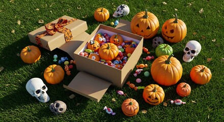 Fototapeta premium Halloween Pumpkins Candy Box Grass Background