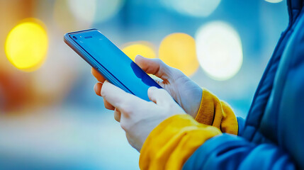Holding a phone illuminated screen glows as hands interact with the device outdoors against a blurred background.