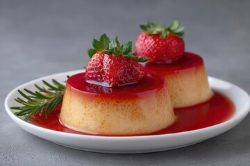 Creamy Flan Dessert: Strawberry Topped, Elegant Presentation