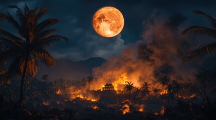 Majestic Fantasy Landscape with a Fiery Jungle and Glowing Moon at Night