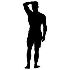 Silhouette of Athletic Adult Man Standing in Shorts with Hand on Head
