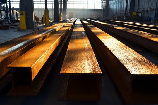 Industrial steel beams arranged in a large warehouse.