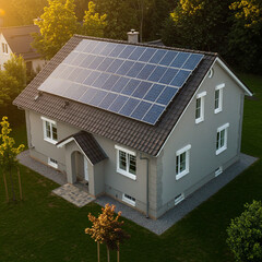 Modern House with Solar Panels on Roof – Sustainable Eco-Friendly Home, Renewable Energy and Green Living Concept