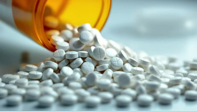 Close up shot of a pill bottle pouring out a pile of white prescription pills.