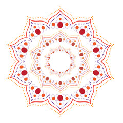 A circular pattern featuring vibrant red and orange dots arranged evenly throughout the design