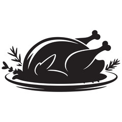 Roasted turkey garnish, drawn in transparent, representing a festive dinner concept. Vector Black silhouette. with white background