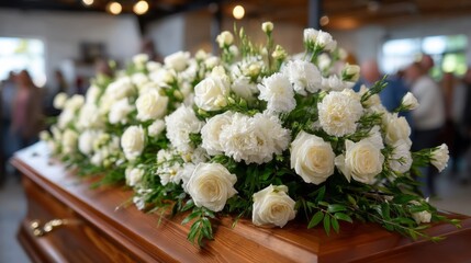 A casket is elegantly decorated with white roses, surrounded by attendees gathering in a respectful atmosphere during a memorial service to honor a loved one